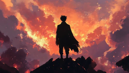 Silhouetted wanderer on volcanic ridge against blazing sky