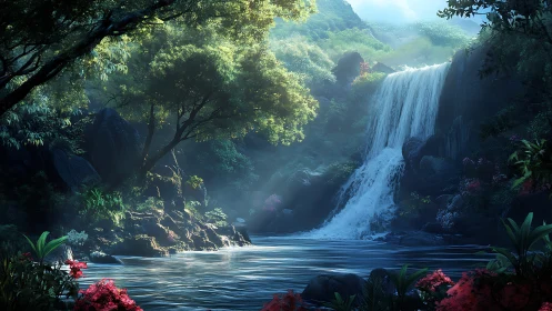 Lush forest waterfall rendered in luminous digital painting detail