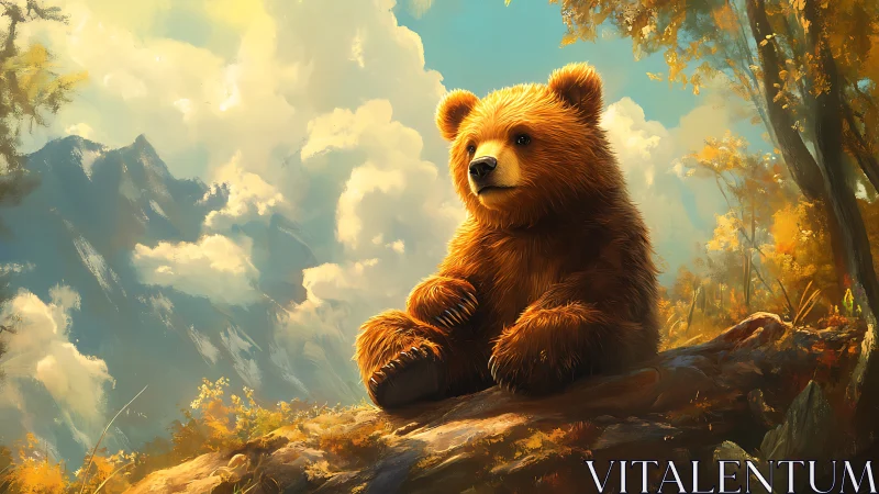 Brown bear cub sitting on a sunlit forest log outdoors.