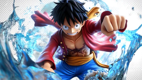 Energetic rubber hero punching through swirling ocean waves.