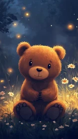 Firefly-circle teddy bear in dusk-lit daisy meadow.