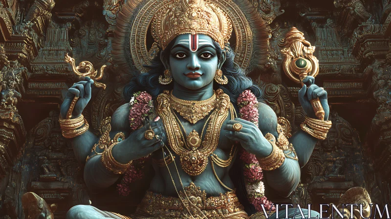 Serene blue deity crowned in gold and temple-shadowed splendor.