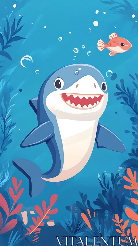 Cartoon shark swims underwater near small fish and plants
