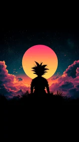 Silhouetted spiky-haired figure at neon gradient sunset sky