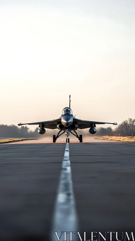 Military jet aircraft is centered on runway centerline