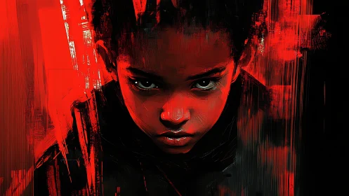 Intense Red Portrait with Digital Glitch Effect.