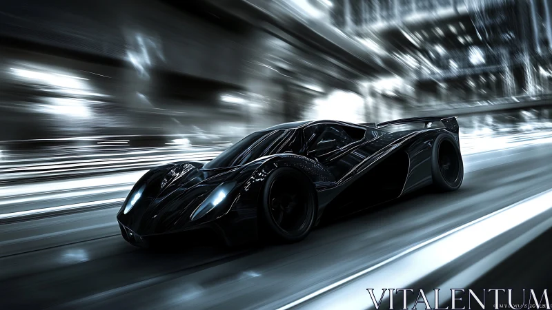 Black hypercar racing through futuristic city tunnel at night.