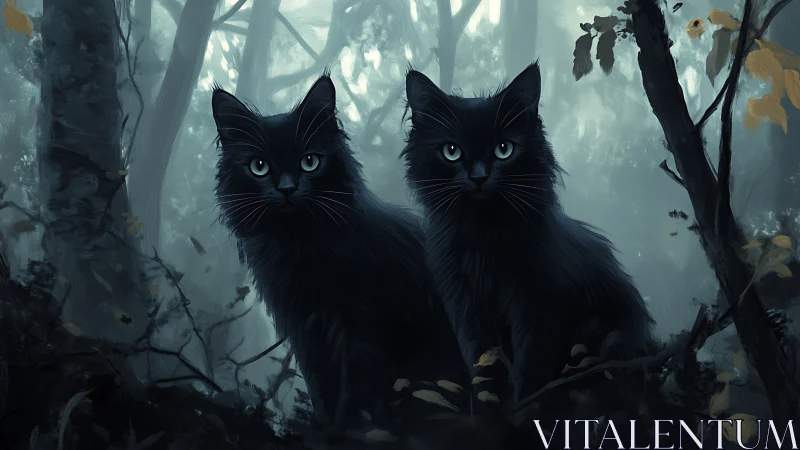 Two Black Cats with Luminous Eyes in Misty Forest Setting.