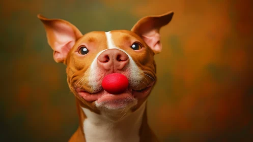Canine Holding Red Sphere, Neutral Tone Background