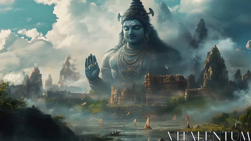 Colossal blue deity figure above misted river cityscape.