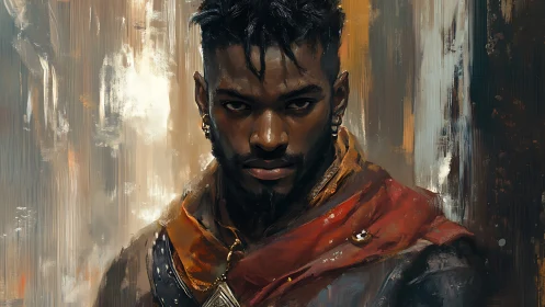 Warrior portrait shows intense gaze and worn crimson cloak