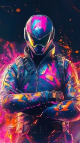 Neon armored operative in chromatic inferno digital painting.
