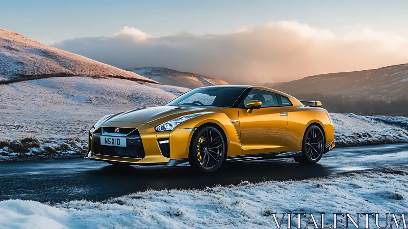Golden supercar prowls frosted mountain pass at sunrise.