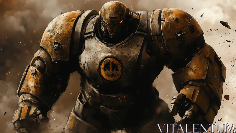 Armored war mech strides through a storm of burning debris