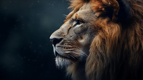 Midnight-maned lion in starlit profile contemplation.
