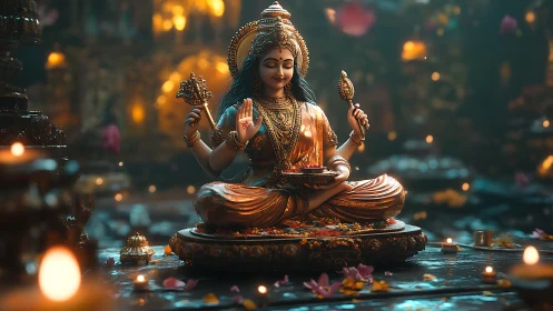 Golden seated goddess statue glows amid temple candlelight