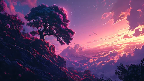 Solitary tree crowns a neon-lit cliff at dreamlike sunset.