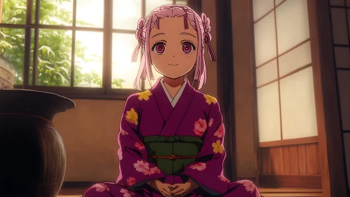 Kimono-clad girl lets sunrise pour gently into her smile