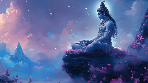 Meditating blue figure on cliff amid clouds and petals.