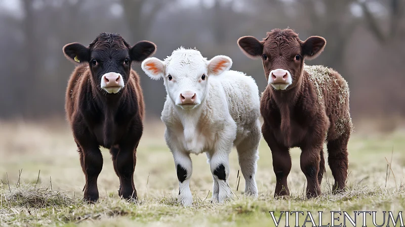 Pasture-side calf trio posing like fluffy woodland sentinels.