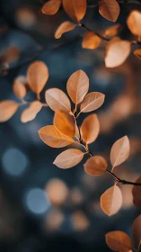 Copper leaves drift gently through a twilight bokeh hush