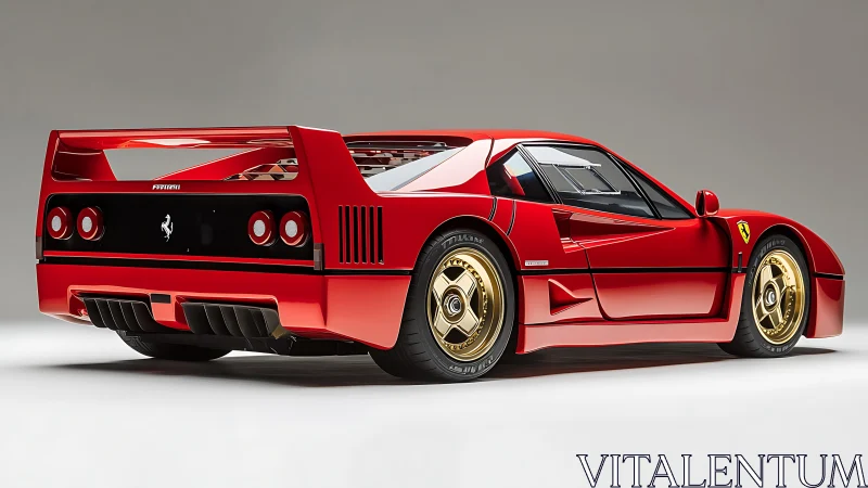 Red mid engine sports car with rear wing in studio profile.