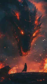 Fire dragon looms over lone warrior amid erupting inferno.
