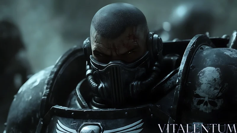 Battle-scarred space knight glares through stormlit armor