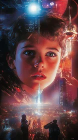 Augmented child gazes over neon megacity in luminous cyber skyline