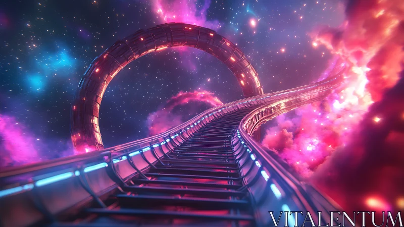 Curved metallic spaceway extends toward luminous nebulae