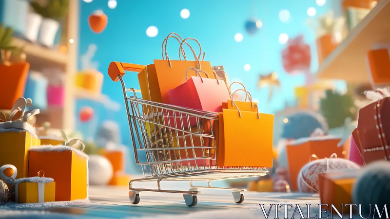 Holiday shopping cart loaded with colorful gift bags and boxes