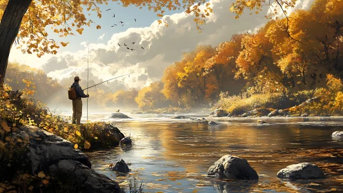 Solitary fly fisher on reflective autumn river at golden hour