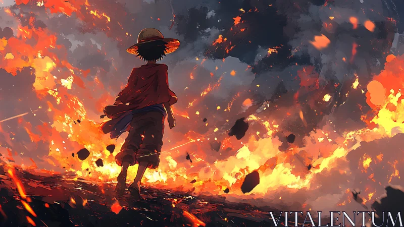 Straw-hatted wanderer stepping boldly through blazing ruins.