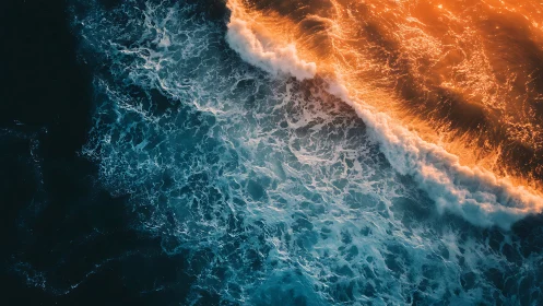 Aerial surf collision with orange and teal ocean light.