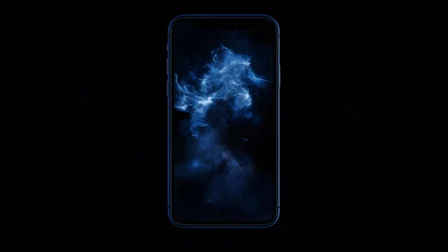 Modern smartphone with abstract blue smoke digital art wallpaper.