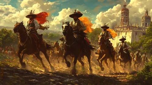Digital painting of cavalry charge before baroque citadel.
