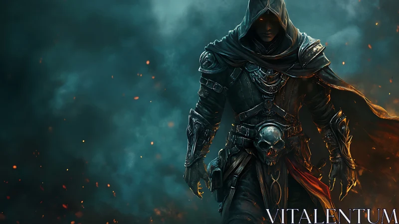 Ember cloaked reaper striding through stormlit shadowfire.