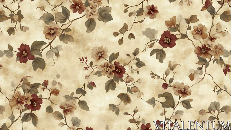 Vintage floral vines drift across weathered cream background.