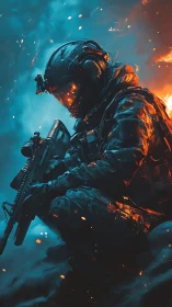 Armored soldier crouches in burning smoke-filled battlefield