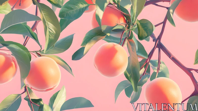 Ripe peaches on branches in soft pastel digital art style.