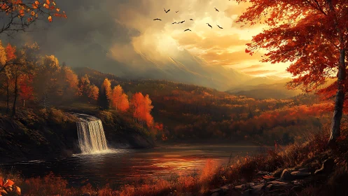 Autumn forest waterfall at sunset with misty mountain backdrop