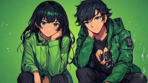Two seated anime characters wear green jackets against backdrop