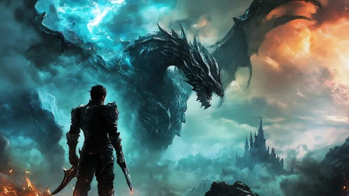 Lone armored warrior confronting stormlit dragon in sky.