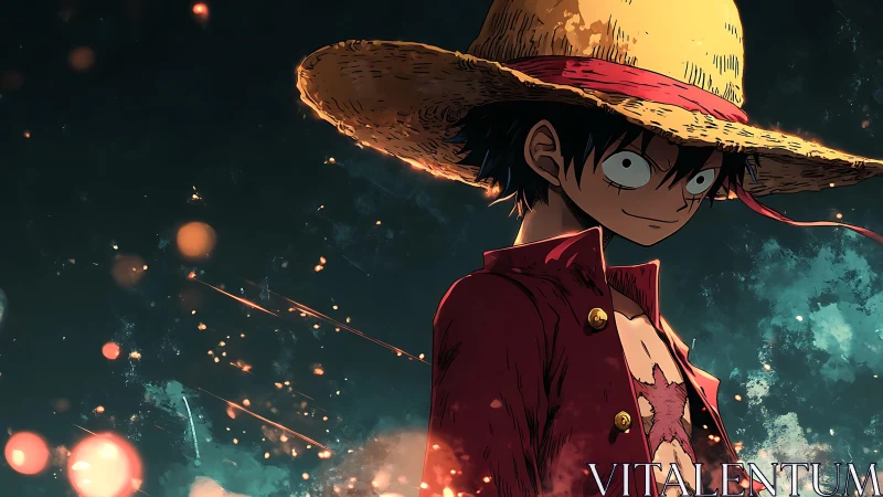 Straw-hatted anime adventurer stands amid glowing embers.