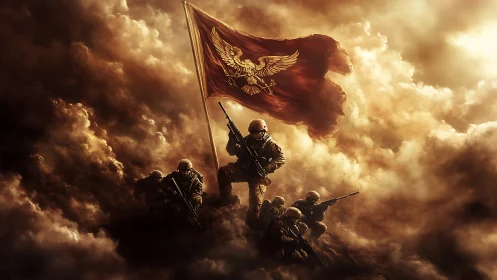 Soldiers raise battle flag through dense burning clouds