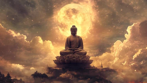 Luminous moonlit Buddha floating amid celestial clouds.