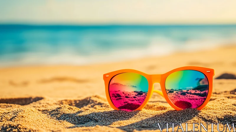 Orange sunglasses rest on sand before a blurred shoreline