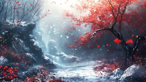 Crimson tree over winter river in luminous fantasy valley.