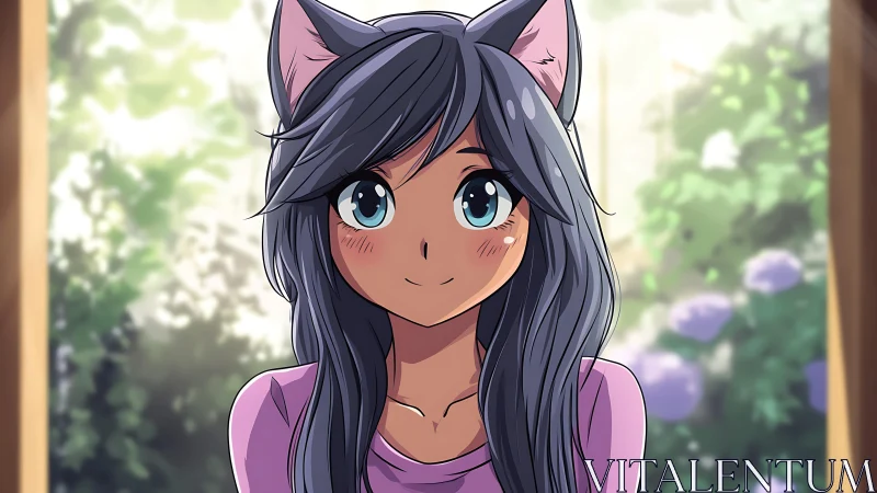 Soft-lit catgirl portrait in serene garden doorway view.