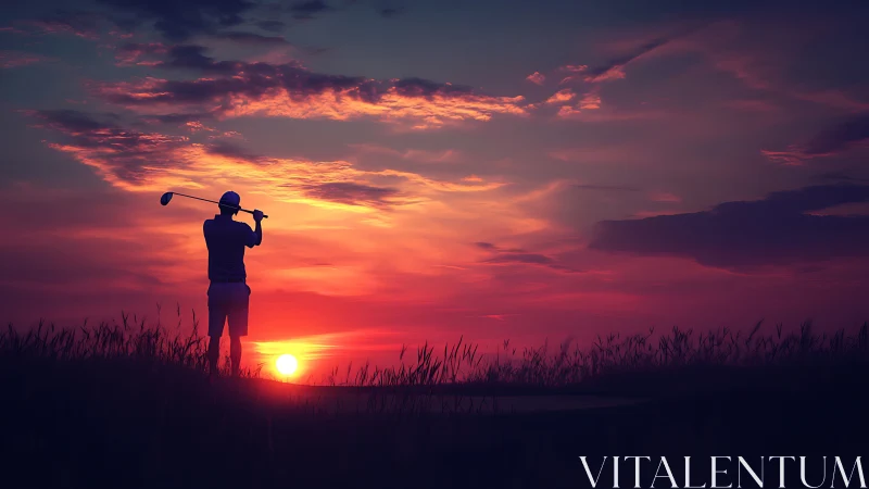 Golfer silhouette drives toward vivid sunset horizon.